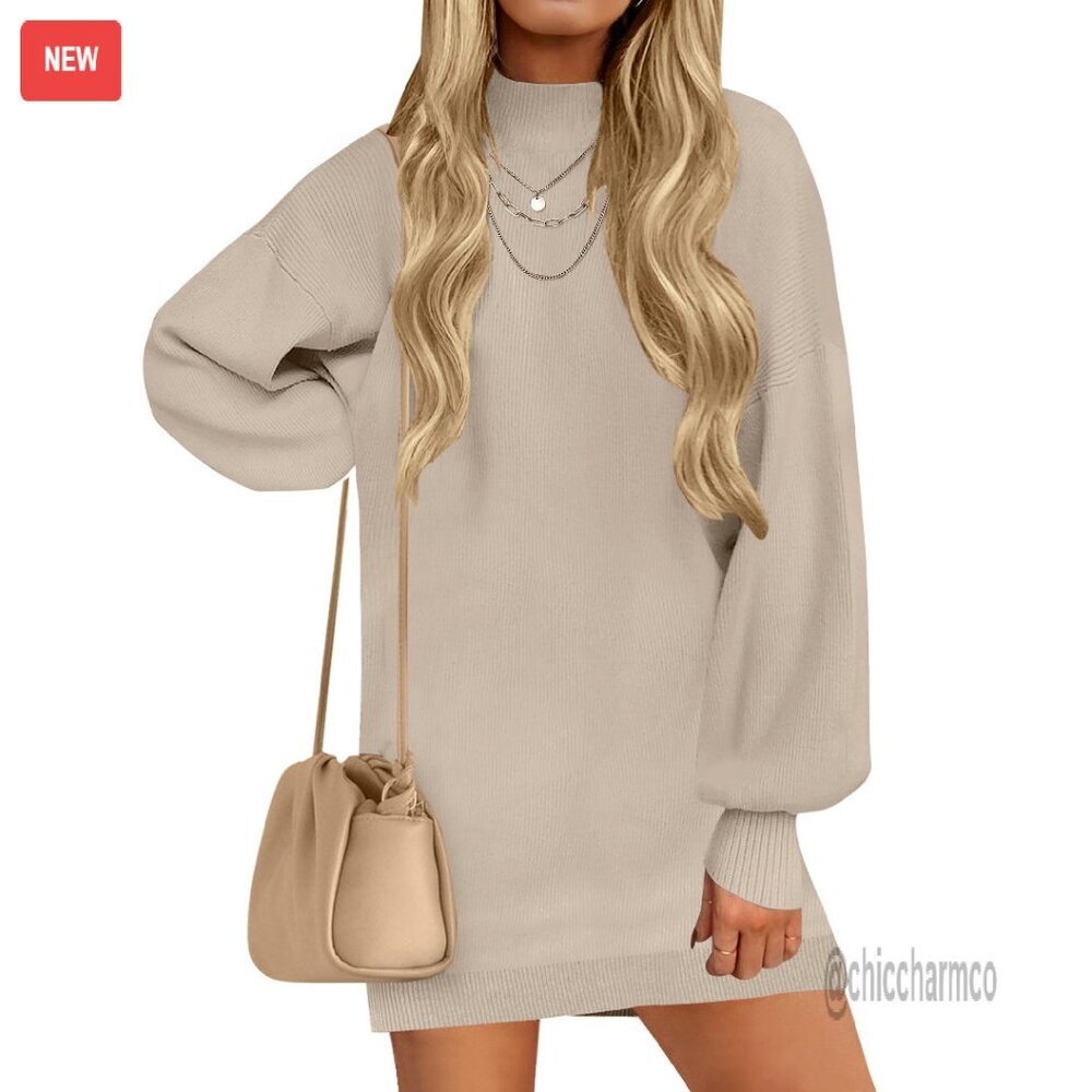 Oversized Turtleneck Sweater Dress Lantern Sleeve Knit Pullover Mini